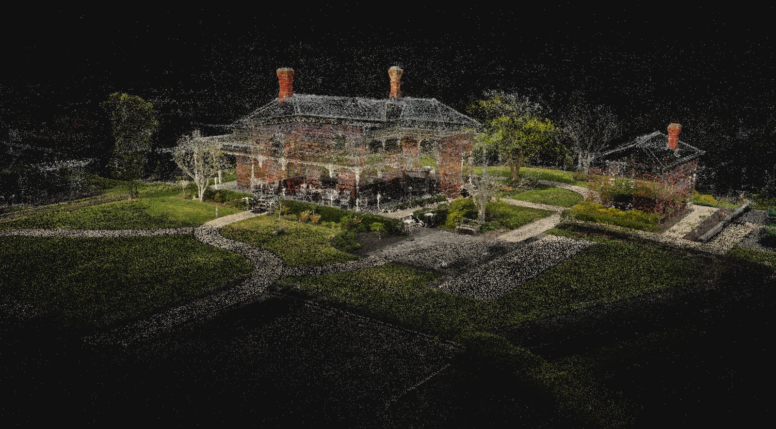 A cloud of coloured points showing Clark Cottage in Hobsonville, with its chimneys, verandah, paths and garden beds